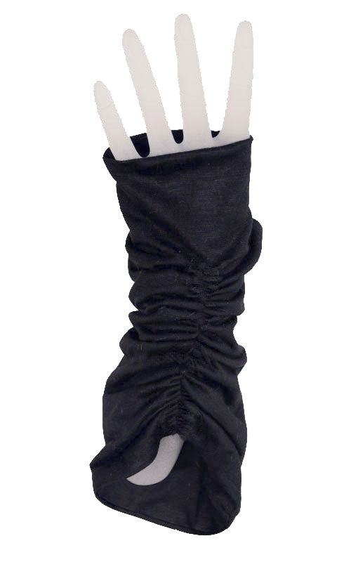 Ruched fingerless gloves in Abyss  jersey Knit by Pandemonium Millinery  handmade in Seattle, WA