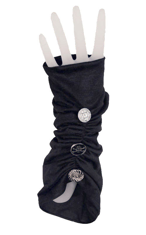 Ruched fingerless gloves with buttons in Abyss  jersey Knit by Pandemonium Millinery  handmade in Seattle, WA