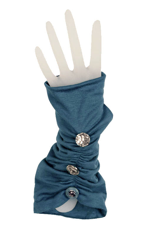 Ruched fingerless gloves with buttons in Blue Moon  jersey Knit by Pandemonium Millinery  handmade in Seattle, WA