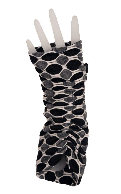 Scrunched Long Fingerless Texting Gloves on mannequin hand, reversible | Solar Eclipse, Black, Ivory and Gray | Handmade by Pandemonium Millinery Seattle, WA USA