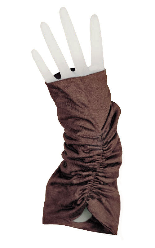 Ruched fingerless gloves in Terra  jersey Knit by Pandemonium Millinery  handmade in Seattle, WA