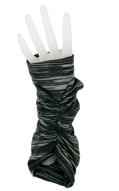 Scrunched Long Fingerless Texting Gloves, reversible | Reflections in Lagoon, green and gray | Handmade by Pandemonium Millinery Seattle, WA USA