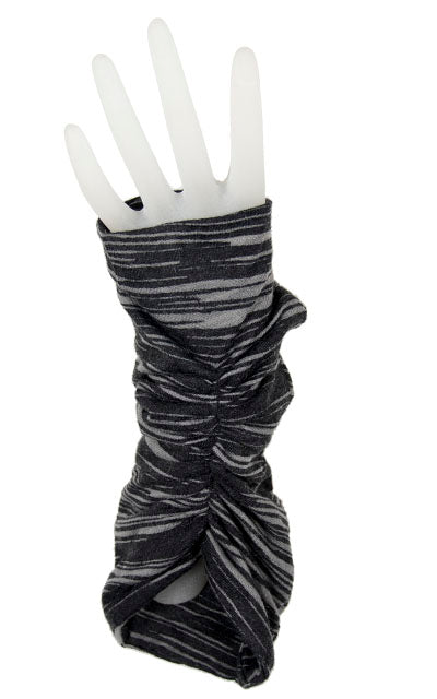 Scrunched Long Fingerless Texting Gloves, reversible | Reflections in midnight, black and gray | Handmade by Pandemonium Millinery Seattle, WA USA