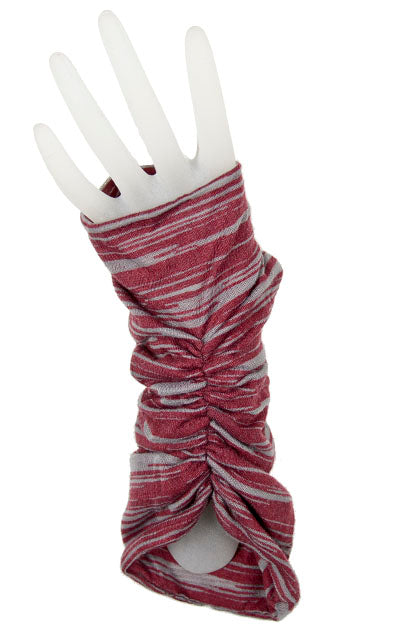Runched Long Fingerless Texting Gloves, reversible | Reflections in Sunset, burgundy and gray | Handmade by Pandemonium Millinery Seattle, WA USA