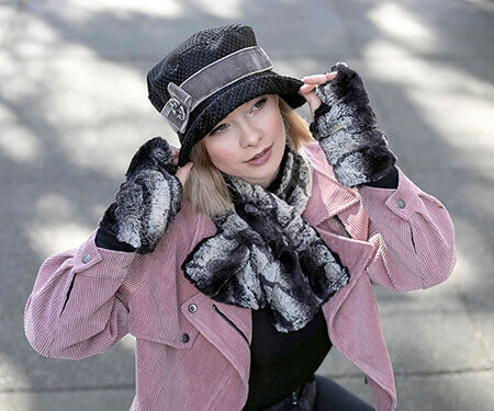 Reversible Fingerless Gloves Model Shot | Luxury Faux Fur in Honey Badger | Pandemonium Millinery