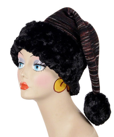 Sideview of Santa Hat in Sweet Stripes Knit in Cherry Cordial with Cuddly Black Cuff handmade by Pandemonium Millinery in Seattle WA USA