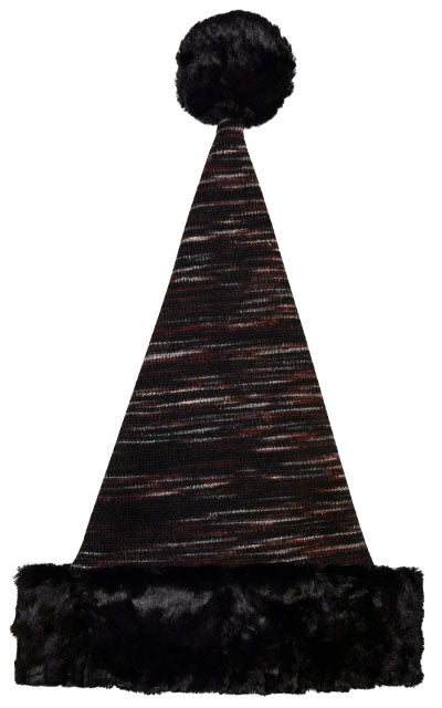 Santa Hat in Sweet Stripes Knit in Cherry Cordial with Cuddly Black Cuff handmade by Pandemonium Millinery in Seattle WA USA