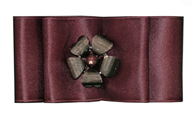 Women's Bow Brooch in Burgundy Satin with Flower Button | Handmade in Seattle WA | Pandemonium Millinery