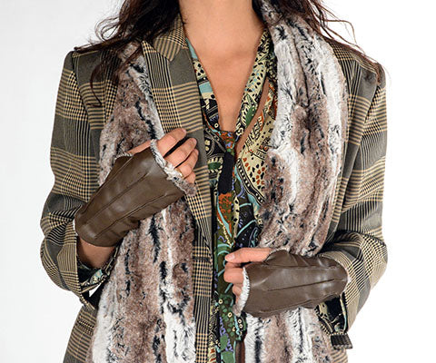 model wearing  vegan fingerless gloves and Classic Scarf  | Birch Faux Fur, Brown and Ivory | Handmade in Seattle WA Pandemonium Millinery