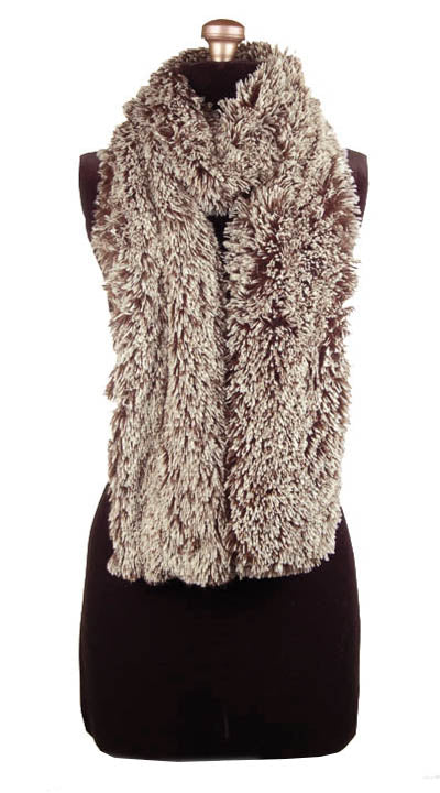 Model in Beanie Hat and Skinny Classic Scarf | Silver Tipped Fox in Brown Fau Fur | Handmade by Pandemonium Millinery Seattle, WA USA