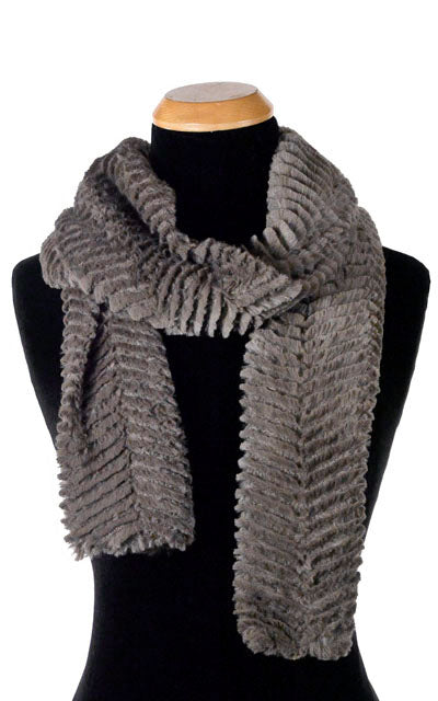 Product shot of Classic Skinny Scarf on mannequin | Chevron in Charcoal Gray Faux Fur | Handmade in Seattle WA Pandemonium Millinery