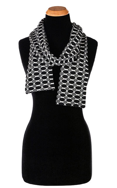 Product shot of Classic Scarf on Mannequin  |  Solar Eclipse, black gray and white stretch fabric| Handmade in Seattle WA Pandemonium Millinery