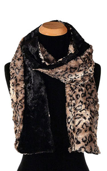 Women’s Product shot on mannequin of Classic Two-tone Scarf | Carpathian faux fur in brown creams and black with Cuddly black | Handmade by Pandemonium Millinery Seattle, WA USA