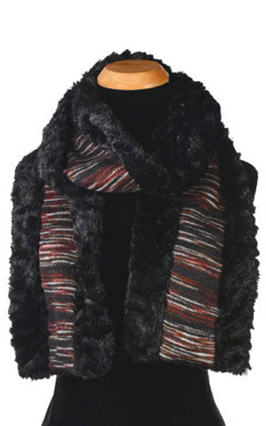 Model in Hat and Scarf | Cuffed Pillbox and Scarf Sweet Stripes Cherry Cordial with Cuddly Black Faux Fur | Handmade USA Pandemonium Seattle