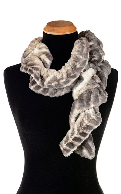 Product shot of Women’s ruffled Scarf wrapped around Mannequin | Mattern Horn, off white and Grayish Faux Fur | Handmade in Seattle WA | Pandemonium Millinery Edit alt text