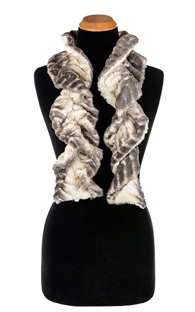 Product shot of Women’s ruffled Scarf |  Mattern Horn, off white and Grayish Faux Fur | Handmade in Seattle WA | Pandemonium Millinery  Edit alt text
