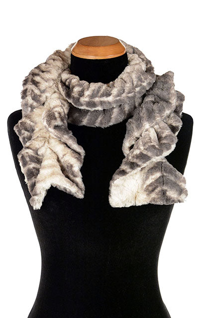 Product shot of Women’s ruffled Scarf wrapped around Mannequin | Mattern Horn, off white and Grayish Faux Fur | Handmade in Seattle WA | Pandemonium Millinery Edit alt text