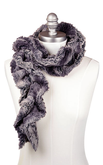 Product shot of Women’s Scrunchy Scarf | Muddy Waters; Brown/gray Faux Fur | Handmade in Seattle WA | Pandemonium Millinery