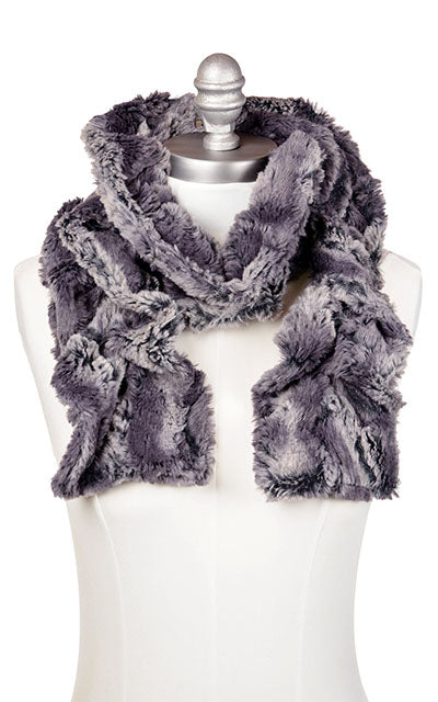 Product shot of Women’s Ruffled Scarf | Muddy Waters; Brown/gray Faux Fur | Handmade in Seattle WA | Pandemonium Millinery