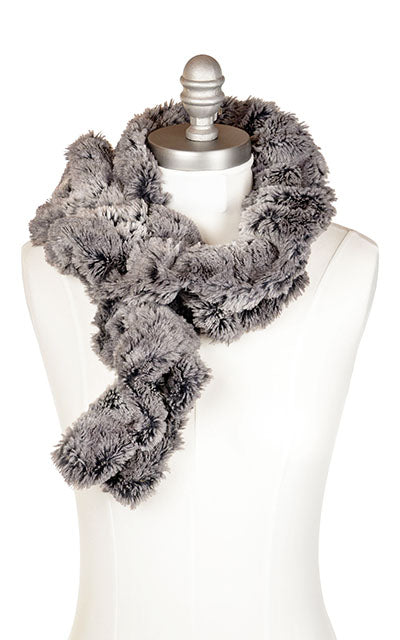 Product shot of Women’s Scrunchy Scarf | Seattle Sky; charcoal, gray, and cream Faux Fur| Handmade in Seattle WA | Pandemonium Millinery