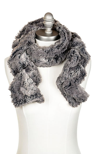 Product shot of Women’s Ruffled Scarf | Seattle Sky; charcoal, gray, and cream Faux Fur| Handmade in Seattle WA | Pandemonium Millinery