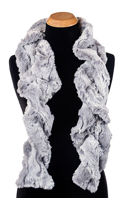 Product shot of Women’s Scrunchy Scarf Shown loose | Winter river, ice blue with hits of periwinkle Faux Fur | Handmade in Seattle WA | Pandemonium Millinery