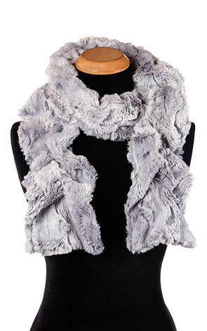 Product shot of Women’s Scrunchy Scarf | Winter river, ice blue with hits of periwinkle Faux Fur | Handmade in Seattle WA | Pandemonium Millinery