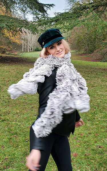 woman spinning while wearing Scrunchy Scarf | Blue Steel Fox Faux Fur | handmade in Seattle, WA by Pandemonium Millinery USA