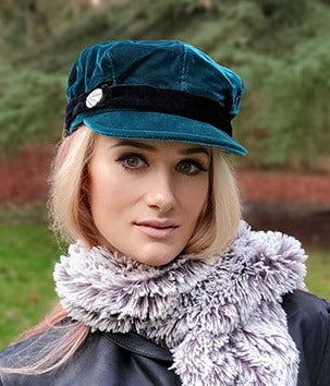Women's Valerie Cap Model Shot | Emerald Velvet with Button | Handmade in Seattle WA | Pandemonium Millinery