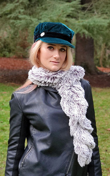 woman wearing Scrunchy Scarf | Pearl Fox Faux Fur | handmade in Seattle, WA by Pandemonium Millinery USA