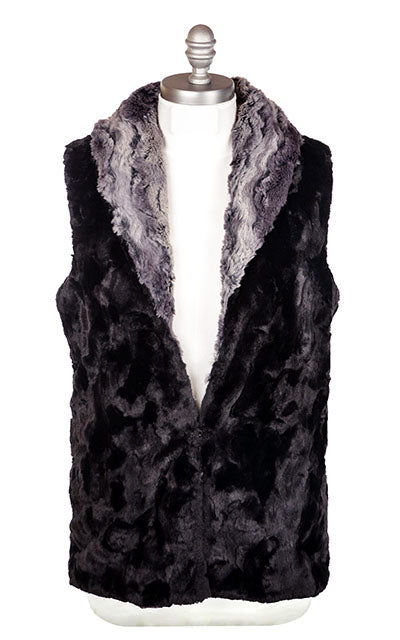  Front View Shawl Collar Vest | Muddy Waters Faux Fur with Cuddly Faux Fur in Black | By Pandemonium Millinery | Seattle WA USA