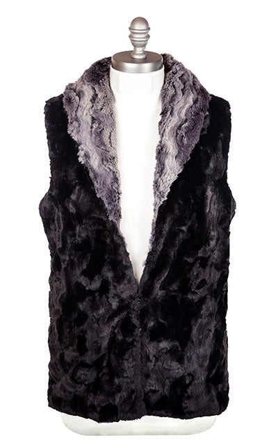 Shawl Collar Vest Reversed | Muddy Waters Faux Fur with Cuddly Faux Fur in Black | By Pandemonium Millinery | Seattle WA USA