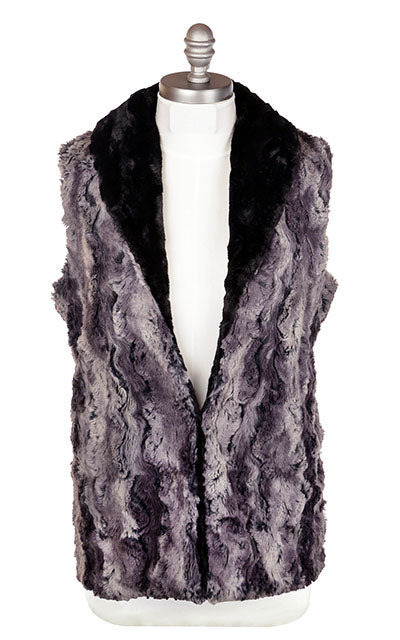  Front View Shawl Collar Vest | Muddy Waters Faux Fur with Cuddly Faux Fur in Black | By Pandemonium Millinery | Seattle WA USA
