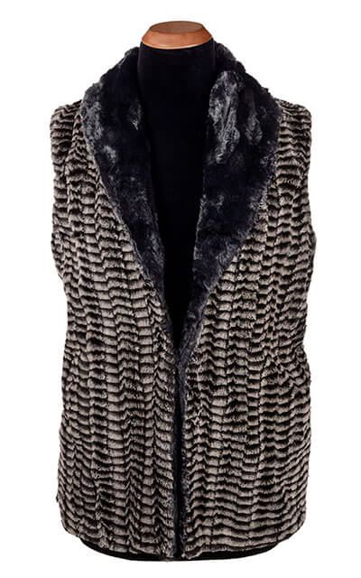 Shawl Collar Vest - Long & Reversible less pockets - Luxury Faux Fur in 8mm in Black and White with Cuddly Fur in Black by Pandemonium Millinery
