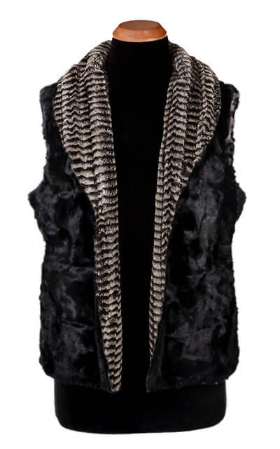 Shawl Collar Vest - Open & Reversed less pockets - Luxury Faux Fur in 8mm in Black and White with Cuddly Fur in Black by Pandemonium Millinery