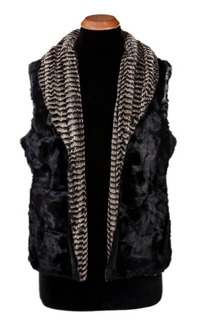 Shawl Collar Vest - Open &amp; Reversed less pockets - Luxury Faux Fur in 8mm in Black and White with Cuddly Fur in Black by Pandemonium Millinery