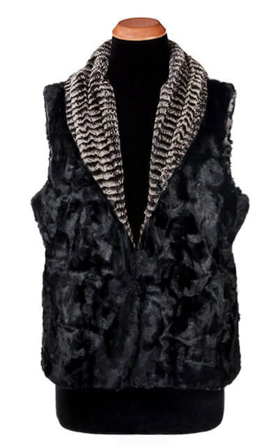 Shawl Collar Vest - Reversed less pockets - Luxury Faux Fur in 8mm in Black and White with Cuddly Fur in Black by Pandemonium Millinery
