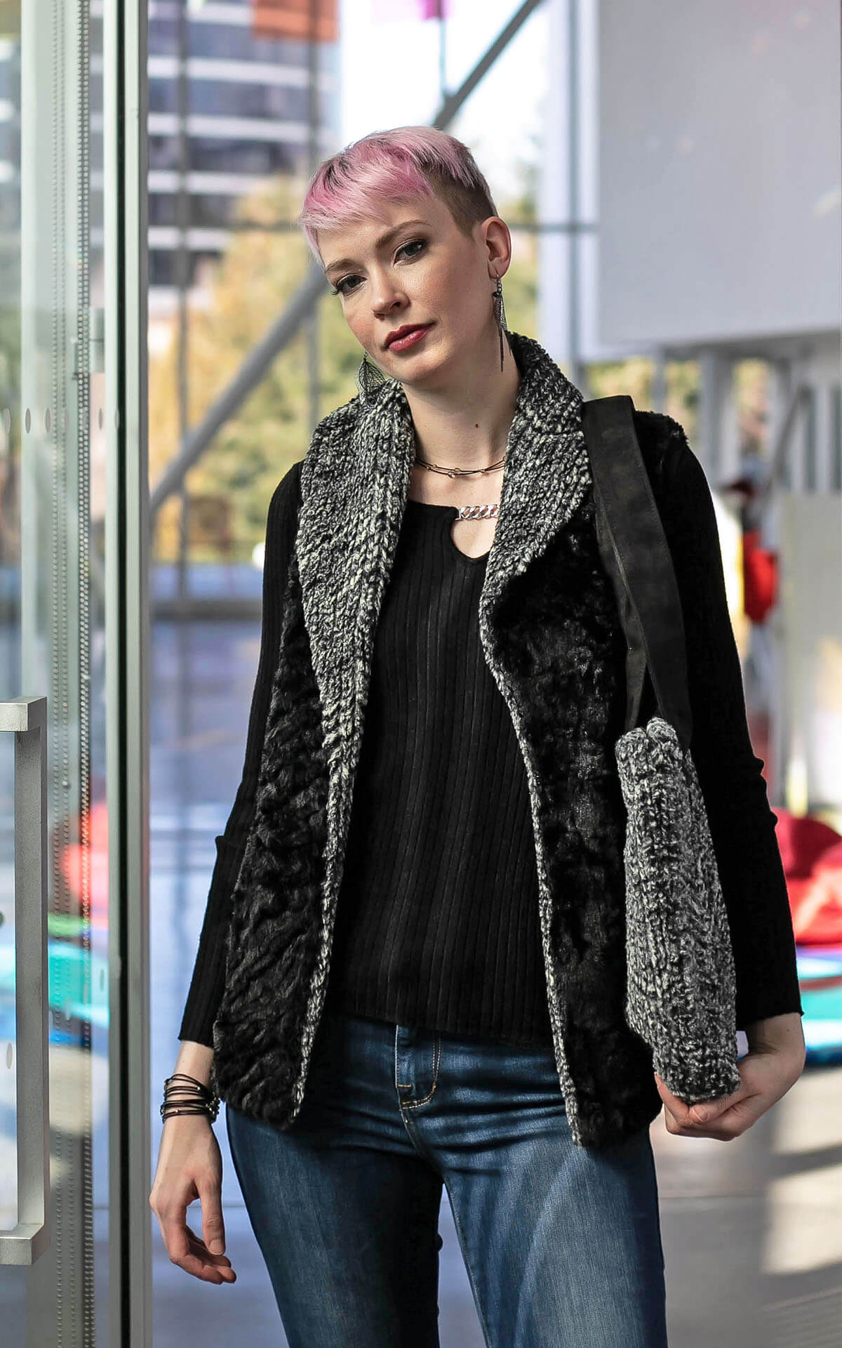 Model in Shawl Collar Vest - Long - Luxury Faux Fur in Cozy Cable with Cuddly Faux Fur in Black by Pandemonium Millinery