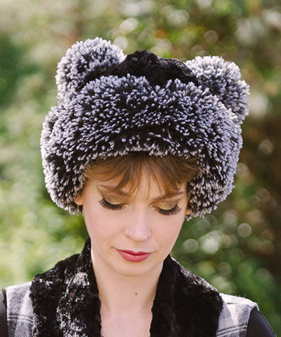 Bear Beanie Hat with ears, in Cuddly Black and Silver Tipped Black Fox Faux Fur. Front view. Handmade by Pandemonium Millinery.