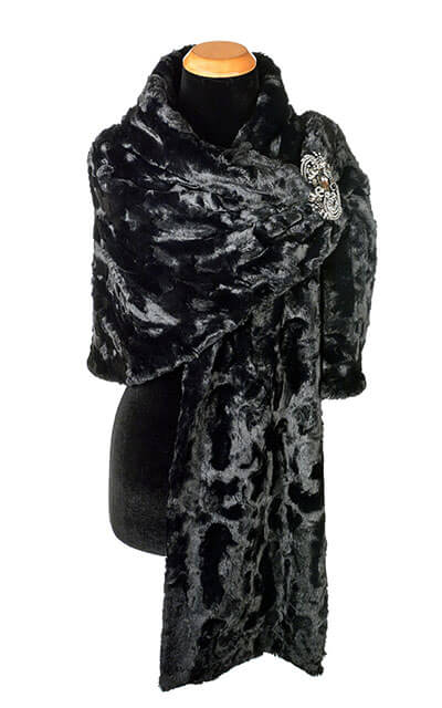 Shrug Wrap with Rhinestone Brooch on Loop Cuddly Faux Fur in Black Handmade by Pandemonium Seattle