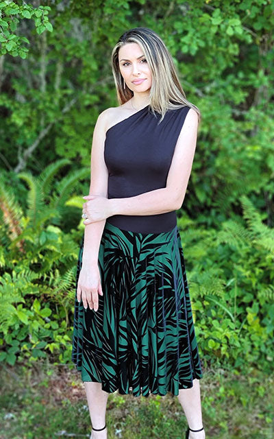 Model wearing Circle Skirt in Island Palm Burnout Velvet handmade in Seattle WA by Leigh Young Collection