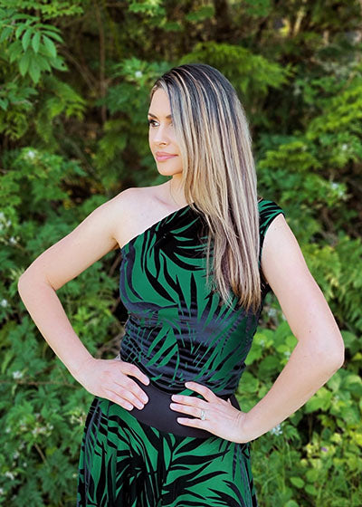 Model wearing Siren Top in Island Palm Burnout Velvet handmade in Seattle WA by LYC