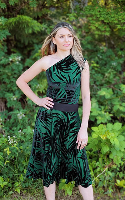 Model wearing Circle Skirt with Matching Top in Island Palm Burnout Velvet handmade in Seattle WA by Leigh Young Collection