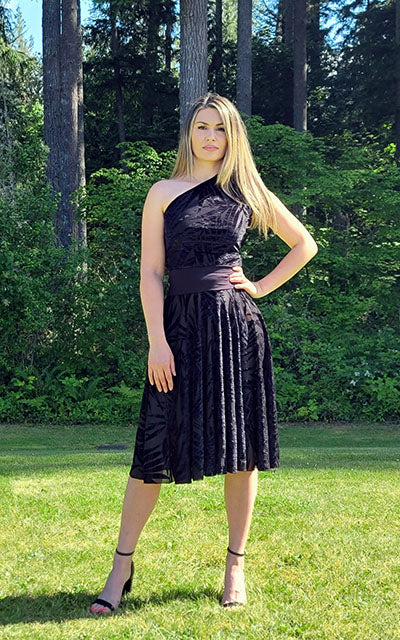 Model wearing Circle Skirt with Matching Top in Midnight Palm Burnout Velvet handmade in Seattle WA by Leigh Young Collection