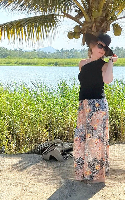 Model wearing Palazzo Pants with Tube Top  | Spanish Rose Silk | Leigh Young Collection Handmade in Seattle WA