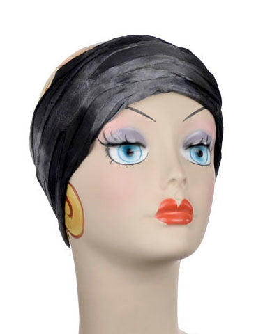 Mannequin Product shot of Headband | Andromeda Black and gray shredded fabric| | Handmade by Pandemonium Millinery Seattle, WA USA