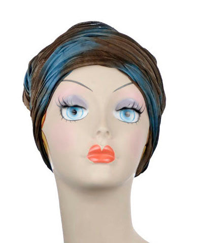 Mannequin Product shot of Headband | Cosmic Nebula in Stratosphere Chocolate and Blue shredded fabric| | Handmade by Pandemonium Millinery Seattle, WA USA