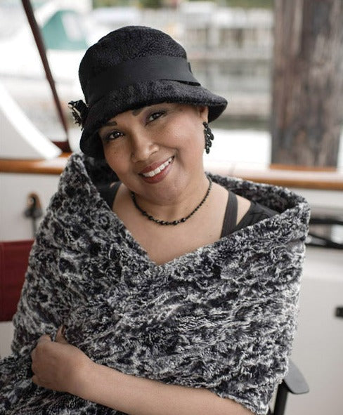 Samantha Hat Pebbles in Black Upholstery Fabric black grosgrain band and Rhinestone Brooch | Black Grosgrain Band  | Handmade By Pandemonium Millinery | Seattle WA