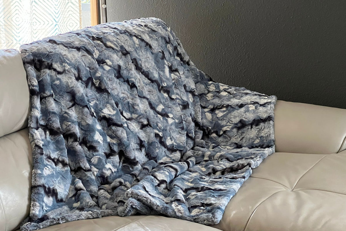 Throw Blanket on couch| Rainier Sky Luxury Faux Fur | Handmade in WA, USA by Pandemonium Seattle