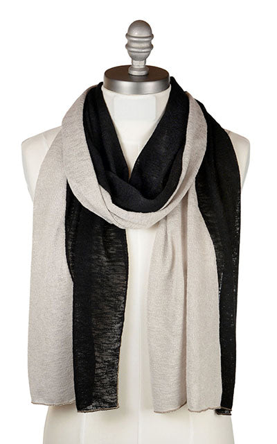 Display of the Upcycled Motley Scarf in two colors, Sandstone and Scorpion. Handmade in Seattle, WA by Pandemonium Seattle. 
